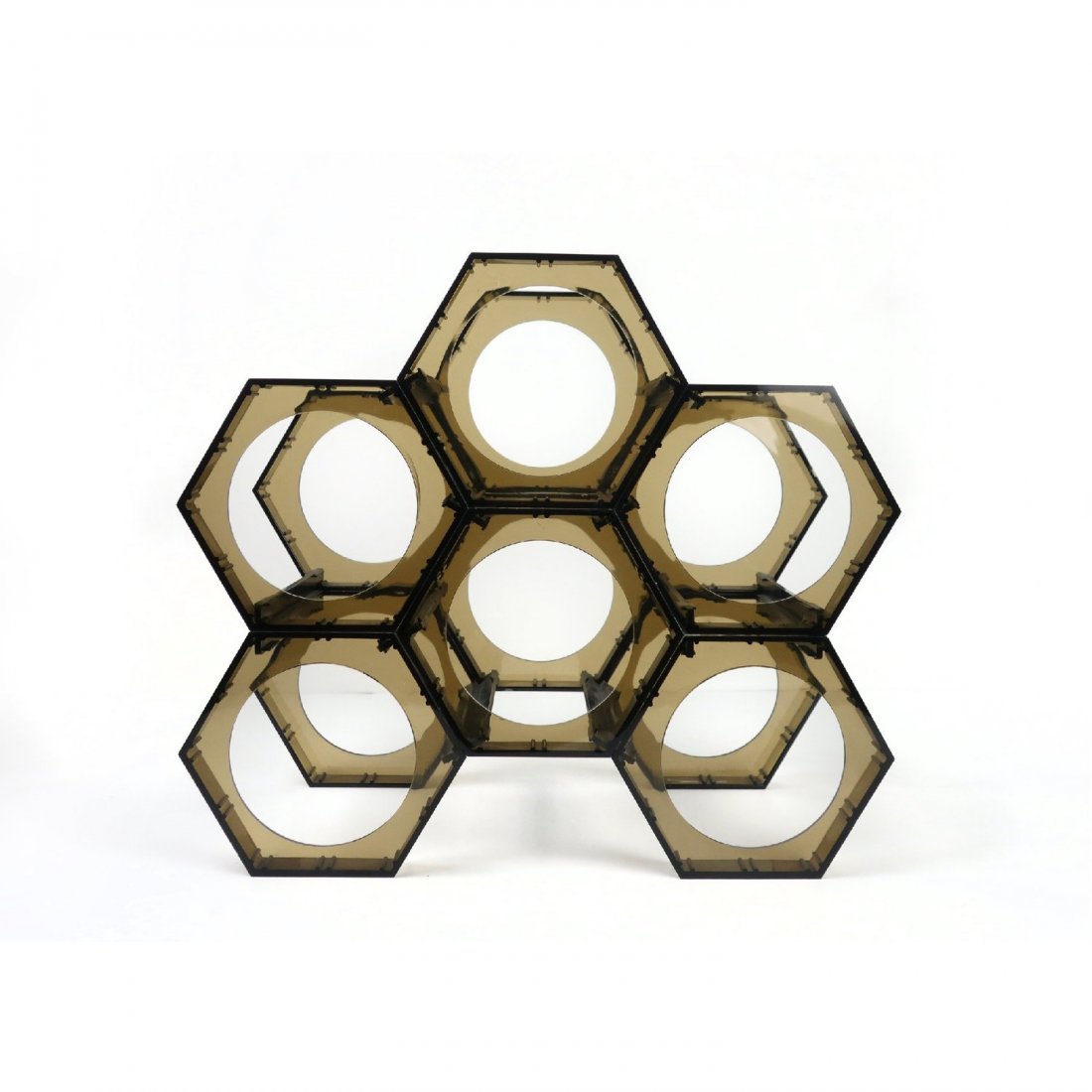 Vintage Smoked Acrylic Wine Rack: An exceptional smoked acrylic mid-century modern plastic wine rack. Perfectly 1960s & 70s Mod that looks fantastic in almost any living room, on a bar, or in a kitchen. Excellent vintage condition. Ho