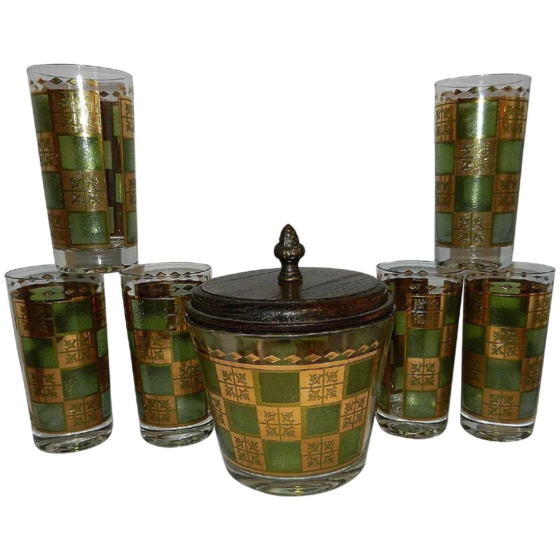 Vintage Mid Century 22 kt Gold and Green High Ball: This beautiful set of Vintage Mid Century 22 kt Gold and Green High Ball Glasses and Ice Bucket has the look of Culver Prado. Condition is Very Good to Excellent. There are a couple of very minor scra