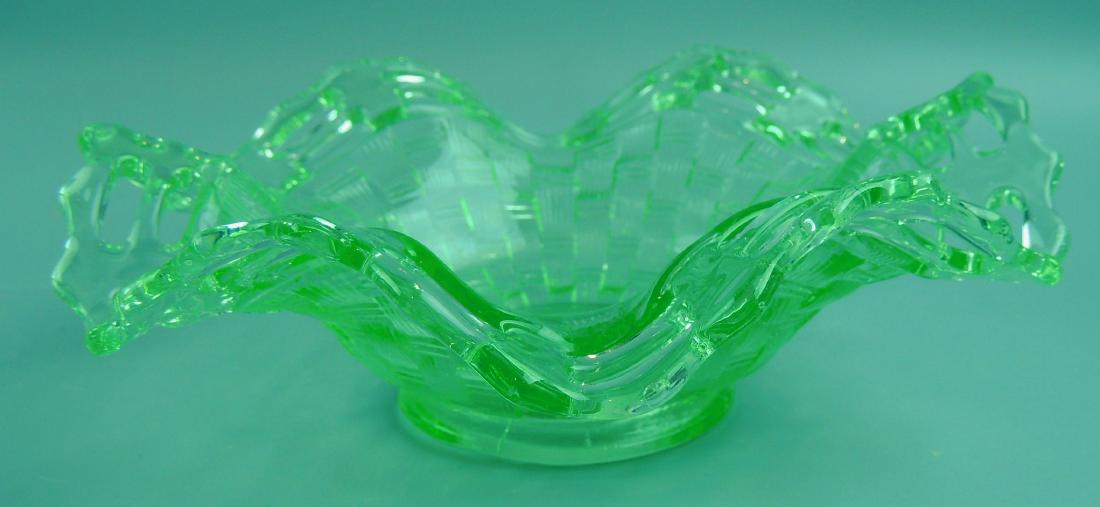 Vintage Vaseline Glass Ruffled Lattice Green Candy Dish (1 of 5)