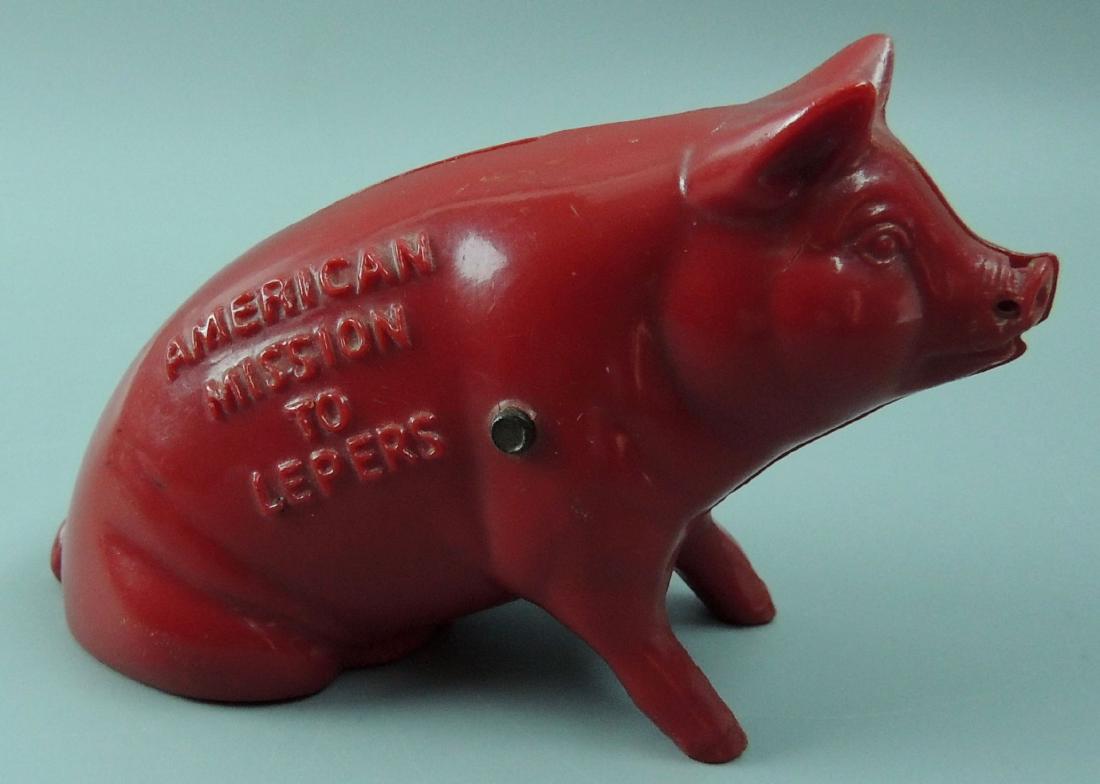 Vintage Red Hard Plastic Pig Advertising Coin Bank, (1 of 5)