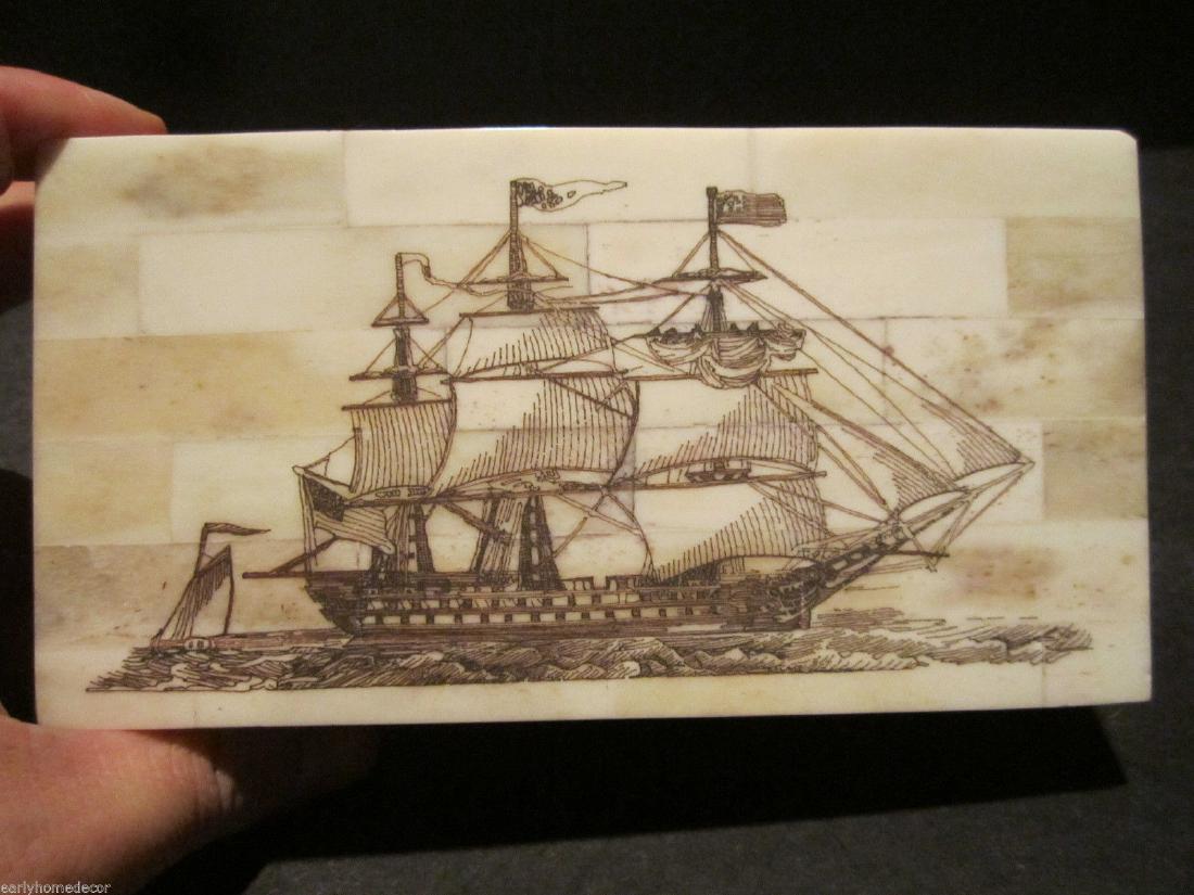 Folk Art Sail Ship Scrimshaw Etched Bone & Wood Trinket: Antique Style Folk Art Sail Ship Scrimshaw Bone & Wood Trinket Box Description 6 3/8" Long x 3 7/8" Wide x 1 5/8" High Wonderful n