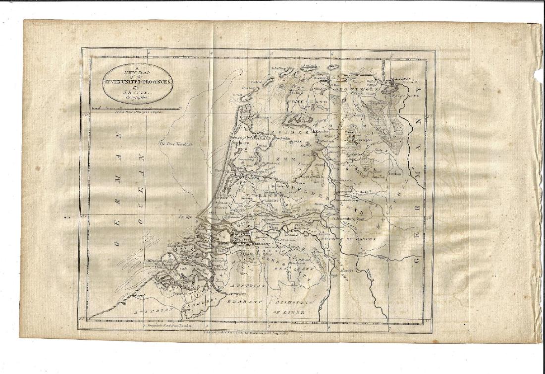 1783 Folding Map of Seven United Provinces: A New Map of the Seven United Provinces, by J. Bayley, printed at London in 1783, published by Harrison and Co. Folding map measuring 16 x 10". Fine condition. Reserve: $15.00 Shipping: Domestic: Flat
