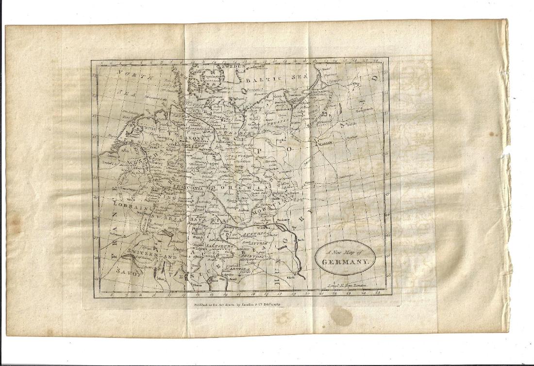1785 Folding Map of Germany: A New Map of Germany, printed at London in 1785, published by Harrison and Co. Folding map measuring 16 x 10". Fine condition. Reserve: $15.00 Shipping: Domestic: Flat-rate of $10.00 to anywhere withi