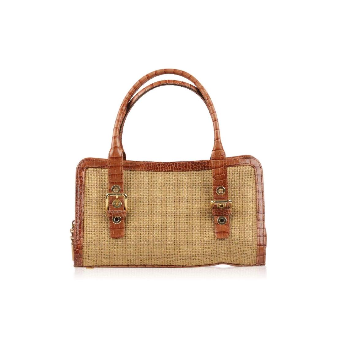 Stuart Weitzman Raffia and Embossed Leather Handbag: MATERIAL: Raffia, Leather COLOR: Tan MODEL: Tote GENDER: Women SIZE: Small CONDITION DETAILS: A :EXCELLENT CONDITION - Used once or twice. Looks mint. Imperceptible signs of wear MEASUREMENTS: BAG HEI