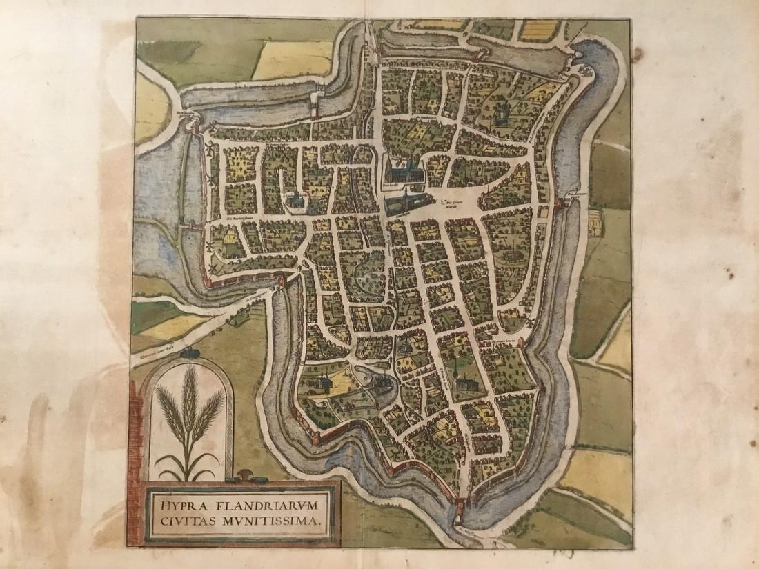 Ypres (Flanders, Belgium): Reserve Reduced! Title/Content of Map: Ypres (Flanders, Belgium) Date: 1572-1617 Size: 20 1/2 x 16” from Civitates Orbis Terrarum by Braun & Hogenberg, Cologne, hand colored Reserve: $150.00 Jasper5