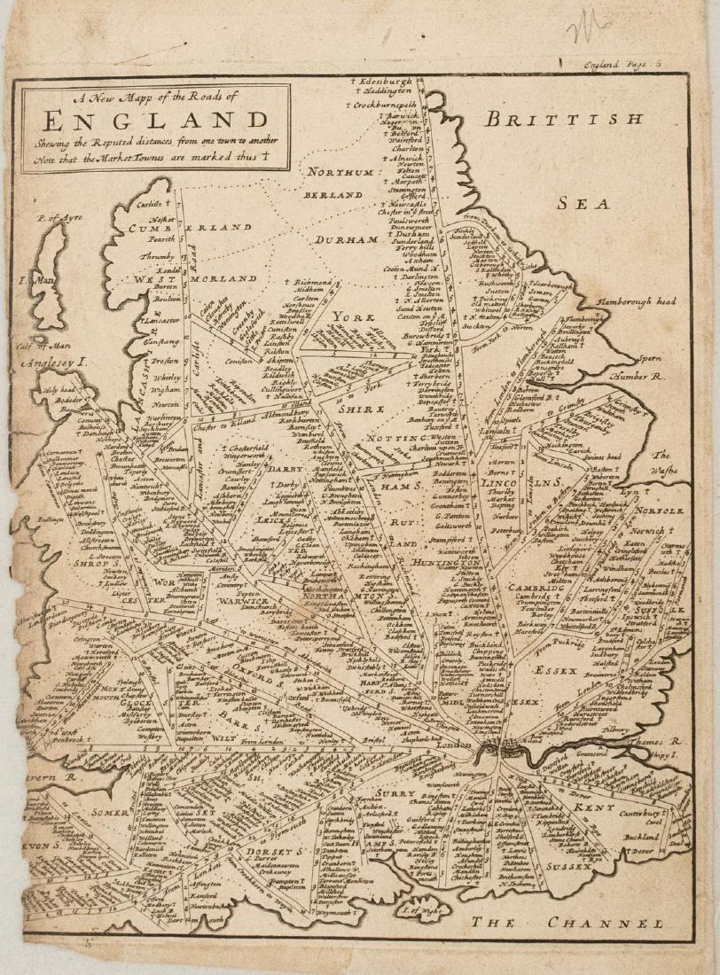 1695 Moll map of England with Road Distances between: Reserve Reduced! Title/Content of Map: 1695 Moll map of England with Road Distances between Towns -- A New Mapp of the Roads of England Showing the Reputed Distances from One Town to Another … Date:
