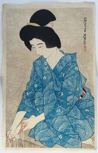 Ito Shinsui Woodblock After the bath. Date: Summer,: Artist: Ito Shinsui. Subject: After the bath. Date: Summer, 1930. Publisher: Watanabe. Size: Oban design measures 10.5" x 17". Condition: Excellent color, impression, condition. NOTE: Numbered on