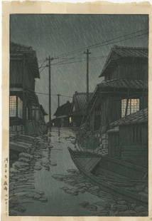 Hasui Kawase Woodblock Night Rain at Kawarako, Ibaraki: Title: Night Rain at Kawarako, IbarakiArtist: Hasui KawasePublisher: Shozaburo WatanabeDate: 1947, 1st edition with publisher's 6mm sealMedium: Japanese Woodblock PrintSize: oban, 10.25 x 15 inches 