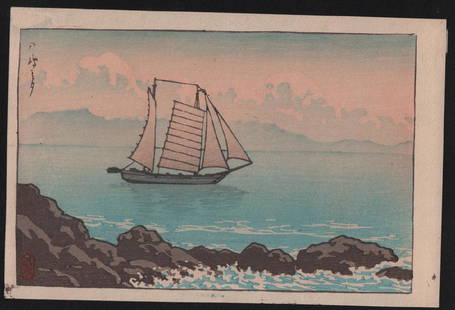 Kawase Hasui Woodblock Sailboat near Rocky Coastline: Artist: Kawase Hasui. Subject: Sailboat near Rocky Coastline. Date: c.1930â€™s. Size: Koban design measures 5.25" x 7.75". Condition: Excellent color, impression, condition. Reserve: $150.00 