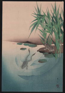 Watanabe Seitei Woodblock Frogs & bamboo at pond: Artist: Watanabe Seitei. Subject: Frogs & bamboo at pond. Date: c. early 1900's. Publisher: Shima. Size: Oban design measures 10" x 15". Condition: Fine color, impression, condition. NOTE: Seldom