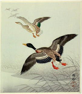 Ohara KOSON Woodblock Two geese: Ohara KOSON (1877-1945)Two geeseWatanabec. 1920s (this impression)Woodblock printc. 11 x 9.8 inches Reserve: $380.00 Shipping:Domestic: Flat-rate of $40.00 to anywhere within the contiguous