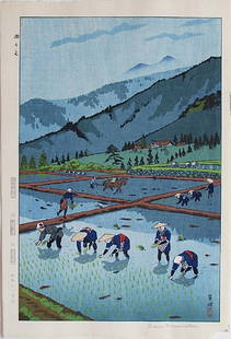 Shiro Kasamatsu Woodblock Rice Planting: Artist: Shiro KASAMATSU (1898-1992); Subject: Rice Planting; Publisher: Unsodo (first state, dated); Signature: Shiro; Date: 1953; Format: dai-Ã´ban, 27.5 x 40 cm; Condition: Fine impression, color