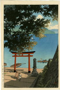 Hasui Kawase Woodblock Chuzenji, Utagahama: Title: Chuzenji, UtagahamaArtist: Hasui KawasePublisher: Shozaburo WatanabeDate: 1931, lifetime edition published by Watanabe with publisher's 6mm seal, early impression with wood grain clearly