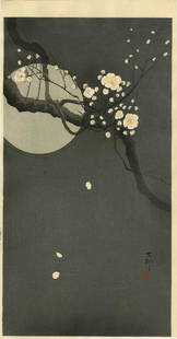 Koson Ohara Woodblock Full Moon and Blossoms: Title: Full Moon and BlossomsArtist: Koson OharaPublisher: DaikokuyaDate: 1920sMedium: Japanese woodblock printSize: ohosoban, 7.5 x 14.5 inches OHARA KOSON (1877-1945), who also went by the art