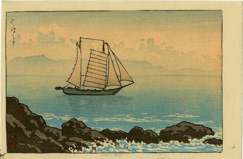 Hasui Kawase Woodblock Evening at Yashima: Title: Evening at Yashima Artist: Hasui Kawase Publisher: Shozaburo Watanabe Date: 1930s Medium: Japanese woodblock print Size: koban, 7.75 x 5.25 inches PROVENANCE: from the estate of Robert O. Mulle