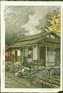 Shiro Kasamatsu Japanese Woodblock Print - House at: Kasamatsu Shiro (1898-1991) House at Okutama Date: 1955. Edition: First. Publisher: Unsodo. Signed by the artist. Size: Oban. Approximately 16.0 x 10.75 inches. Medium: Japanese woodblock print.