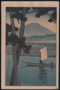 Kawase Hasui Woodblock Kiso River: Artist: Kawase Hasui. Subject: Kiso River. Date: c.1930â€™s. Size: Koban design measures 5.25" x 7.75". Condition: Excellent color, impression, condition. Reserve: $150.00 Shipping:Domestic: