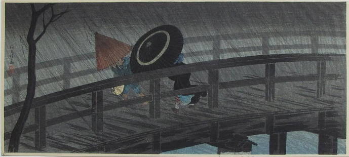 Shotei Woodblock Night Shower at the shower bridge: Artist: Takahashi SHOTEI; Subject: Night Shower at Izumi bridge (shotei.com M-16); Publisher: Watanabe; Seal: ShÃ´tei; Date: 1932 or earlier; Format: mitsugiriban yoko-e, 38.4 x 17 cm; Condition: