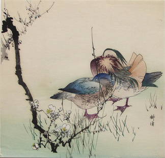 Kogyo Woodblock Ducks: Artist: Tsukioka KOGYO (1869-1927); Subject: Ducks; Signature: Kogyo; Date: c. 1910s; Format: shikishiban, 25.1 x 24.1 cm; Condition: Fine impression, color and condition Reserve: $120.00 Shipping: D