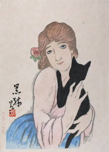 Takehisa Yumeji Woodblock Black cat ('kuroi neko') -: Takehisa Yumeji (1884-1934)Black cat ('kuroi neko') - Limited edition no.: 69/150Kato Junjic. 1950sWoodblock printdai oban (c. 17.3 x 12.2 inches)Takehisa YUMEJI became famous for his pictures