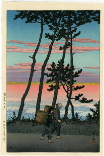 Hasui Kawase Woodblock Sunset at Nakoso: Title: Sunset at NakosoArtist: Hasui KawaseSeries: Twenty-One Views of TokyoPublisher: WatanabeDate: 1954, first edition with publisher's 6mm seal (used 1946-1957)Medium: Japanese Woodblock