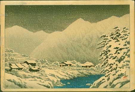 Hasui Kawase Japanese Woodblock Print - In the Snow,: Kawase Hasui (1883-1957) In the Snow, Hida, Nakayama-Shichiri Road Series: Souvenir of Travels, Third Series Date: 1924. Size: Oban. Approximately 15.5 x 10.5 inches. Publisher: Watanabe Shozaburo.