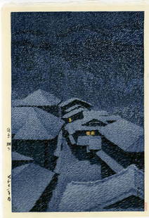 Hasui Kawase Woodblock Snow at Shiobara: Title: Snow at ShiobaraArtist: Hasui KawasePublisher: WatanabeDate: 1946, this later edition from the original woodblocksMedium: Japanese Woodblock PrintSize: oban, 10.5 x 15.5 inches KAWASE HASUI