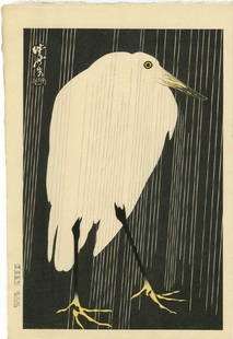 Tekiho Imoto Woodblock Heron in the Rain: Title: Heron in the RainArtist: Tekiho ImotoPublisher: DoiDate: 1950s, with Endo-Seki printer/carver sealsMedium: Japanese Woodblock PrintSize: oban, 10.5 x 15.5 inches Reserve: $180.00 