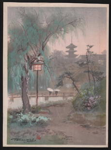 Terauchi Manjiro Watercolor painting on paper depicting: Artist: Terauchi Manjiro. Subject: Watercolor painting on paper depicting a rain scene. Date: Early 1900's.. Size: Measures 10.75" x 15". Condition: Good condition with minor wear and small piece of