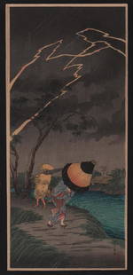 Takahashi Shotei Woodblock Thunderstorm at Tateishi: Artist: Takahashi Shotei. Subject: Thunderstorm at Tateishi. Date: 1936. Publisher: Watanabe. Size: Measures 6.75" x 15". Condition: Fine color, impression, condition. Reserve: $400.00 