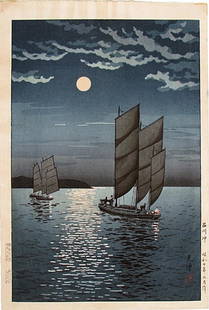 Koitsu Woodblock Boats at Shinagaw: Artist: Tsuchiya KOITSU; Subject: Shinagawa-oki (Boats at Shinagawa, Night); Publisher: Doi Hangaten; Signature: Koitsu; Date: May 1935; Format: Ã´ban, 26.6 x 39.5 cm; Condition: Fine impression,