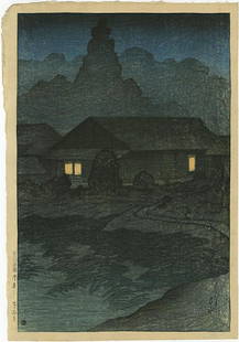 Hasui Kawase Woodblock Tsuta Spa, Mutsu: Title: Tsuta Spa, MutsuArtist: Hasui KawaseSeries: Twenty Views of TokyoPublisher: Shozaburo WatanabeDate: 1919, pre-earthquake edition with publishers 6mm sealMedium: Japanese Woodblock printSize: