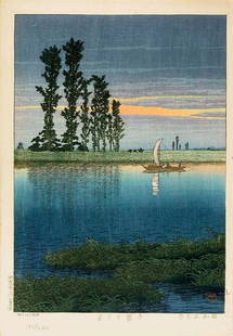 Kawase HASUI Woodblock Dusk at Ushibori: Kawase HASUIDusk at UshiboriSakai & Kawaguchi1930 (FIIRST, limited edition)Woodblock printoban tate-e (c. 15 x 10 inches)Limited edition, numbered: # 189/350 (in black ink, within red stamp au