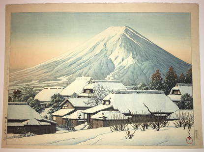 Kawase Hasui Woodblock After Snow at Yoshida: Artist: Kawase Hasui. Subject: After Snow at Yoshida. Date: 1944. Publisher: Watanabe. Size: Dai-oban design measures: 14.5" x 20". Condition: Fine color, impression, condition. NOTE: Rare oversized