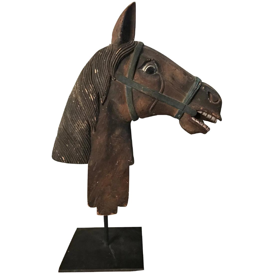 Carved Wooden Horse Head with Original Surface: A crisply carved, expressive Carved Wooden (half) Horse Head in its original painted surface, dating c. 1900 or perhaps a bit earlier. This horse has character! Not sure if it was a wall mounting from
