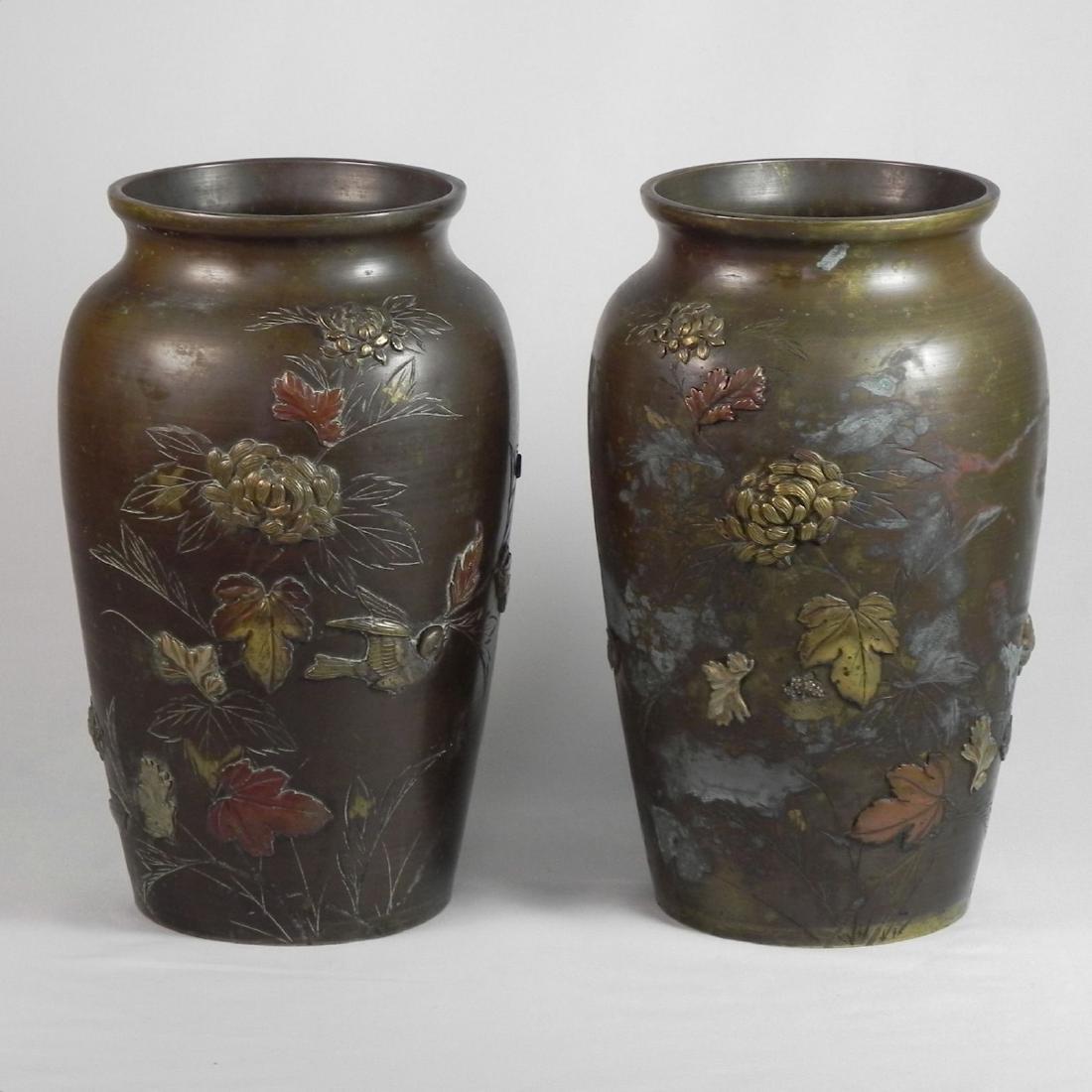 PAIR 25cm Meiji Mixed Metal High Relief Vases Bronze (1 of 12)