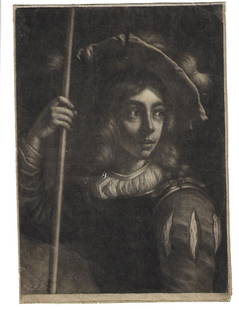 1675 Vailiant Mezzotint The Standard Bearer: The Standard Bearer, a mezzotint after Prince Rupert of the Rhine, by Wallerant Vaillant, circa 1675. With monogram WV in lower left corner. Held by the British Museum. Fine with mounting traces on ve