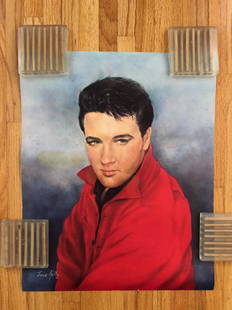 ELVIS POSTER / PRINT: ELVIS POSTER / PRINT. Found in a collection of posters from the 1980’s. Slight creasing, staining, edge - wear may be present. Litho JUNE KELLY 16 x 20 approx Reserve: $5.00 Shipping:Domestic: