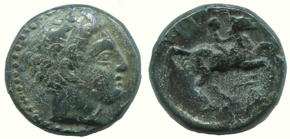 MACEDONIAN KINGDOM PHILIP II 359-336 BC Apollo Horseman: MACEDONIAN KINGDOM PHILIP II 359-336 BC Apollo Horseman Bronze Weight: 5,4g ; Diameter: 17mm ( AMC Catalog ID : AA021.58 ) Reserve: $35.00 Shipping: Domestic: Flat-rate of $15.00 to anywhere within th