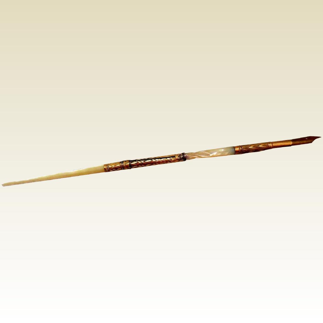 Antique Dip Pen, Mother of Pearl: Reserve Reduced! Title: Antique Dip Pen, Mother of Pearl Maker: Unknown Origin: Unknown Date/Period: Ca 1850-1875 Materials: Mother of Pearl, Gold-Filled metal Size: 8 1/4 inches long This mother of p