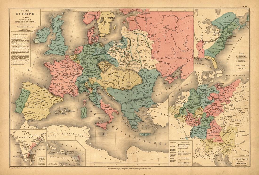 1715 - 1789 Europe En 1715 | Inde Antilles Etats-Unis: Reserve Reduced! Title: 1715 - 1789 Europe En 1715 | Inde Antilles Etats-Unis Et Canada Au XVIIIme Siecle Publication Date: c1878 Cartographer: DRIOUX, CLAUDE JOSEPH/CH. LEROY Publisher: EUGENE BELIN 