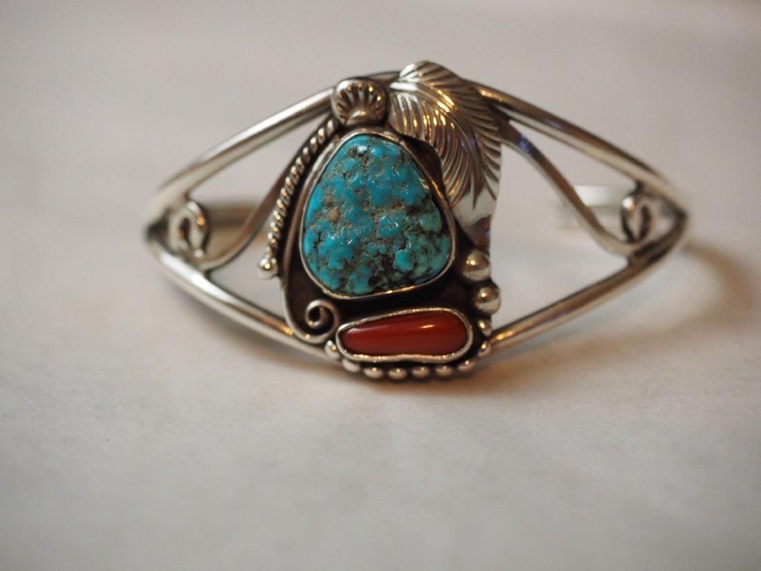 Vintage Ladies Navajo Turquoise Coral Cuff Bracelet (1 of 7)