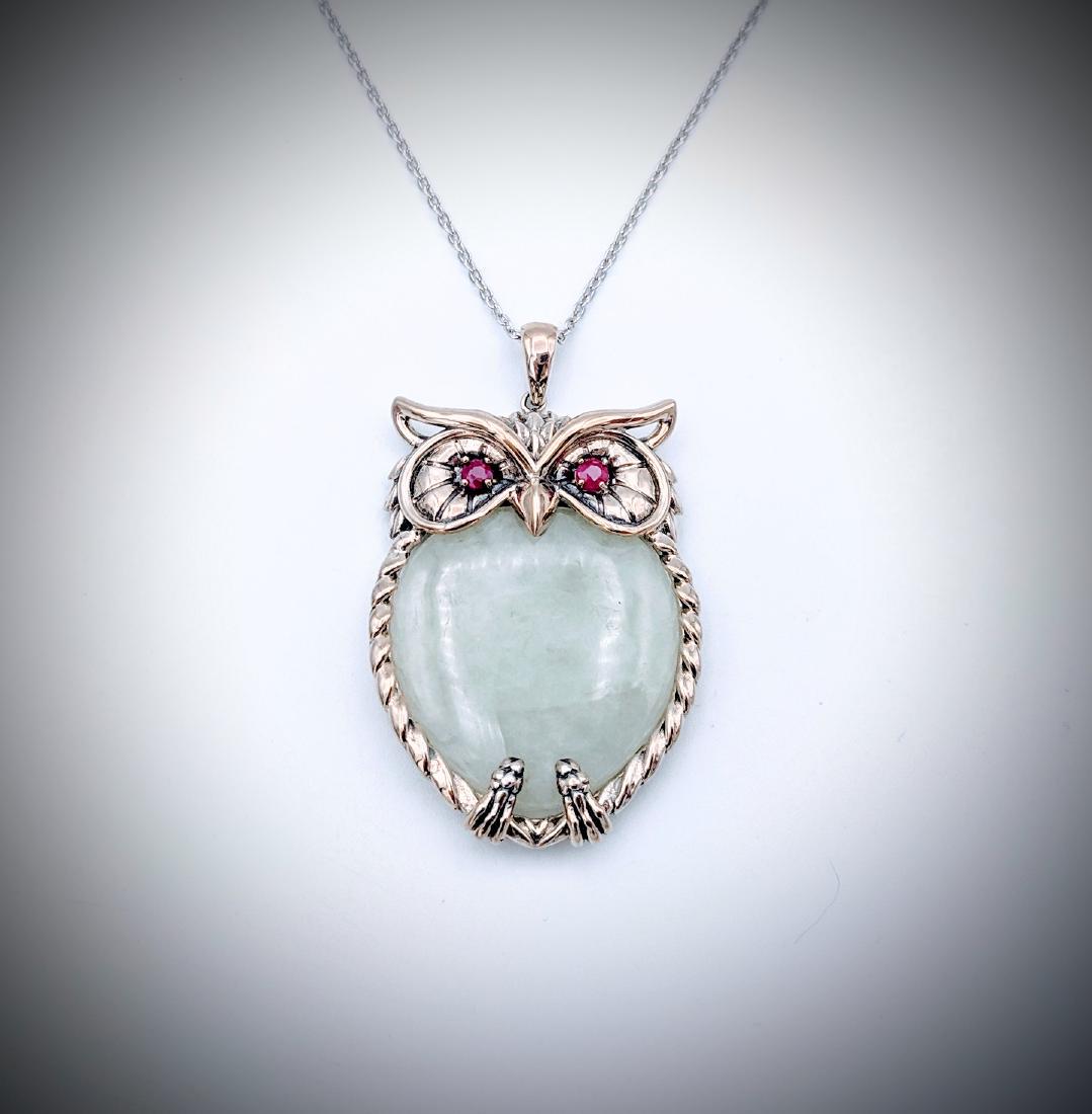 Sterling Silver Necklace w Owl Designed Jade & Ruby (1 of 3)