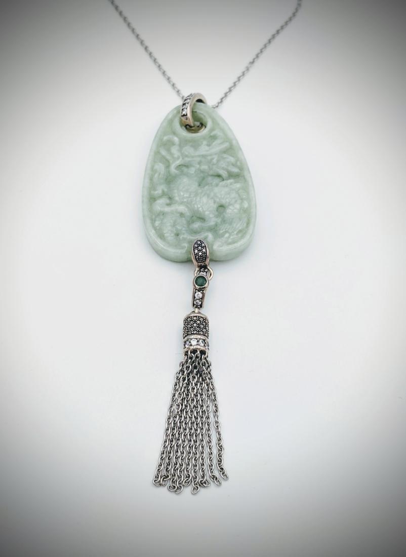 Sterling Silver Dragon Engraved Jade Necklace w Emerald (1 of 3)