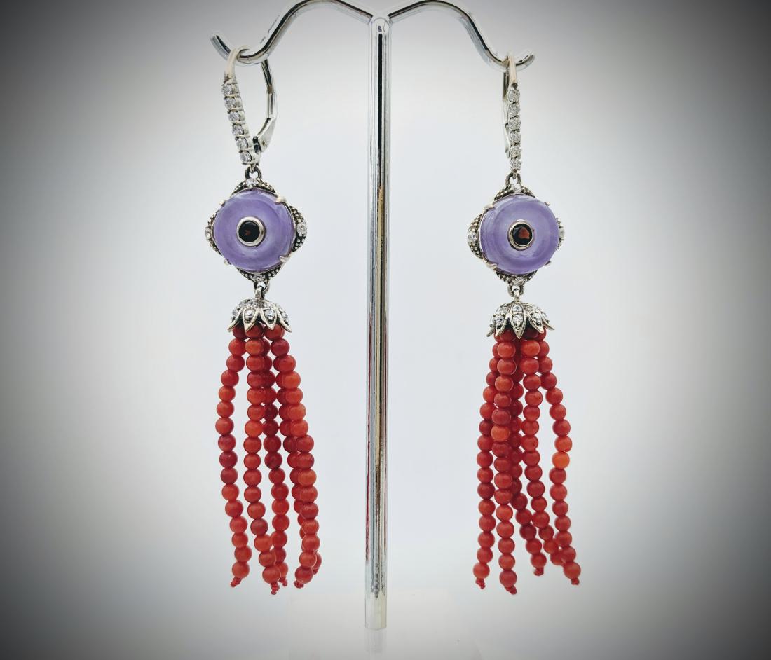 Sterling Silver Beaded Coral Earrings w Violet Jade, (1 of 3)