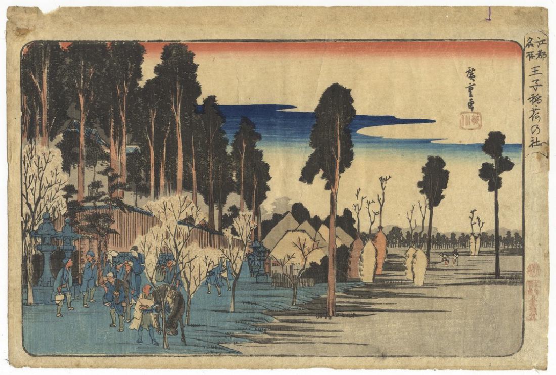 Hiroshige Ando Woodblock Oji Inari Shrine: Title: Oji Inari Shrine Artist: Hiroshige Ando (1797-1858) Series: Famous Places of Edo Publisher: Sanoya Kihei Date: c.1791-1804 Medium: Japanese Woodblock Print Size/Format: 37.1 x 25.1 cm Reserve: 