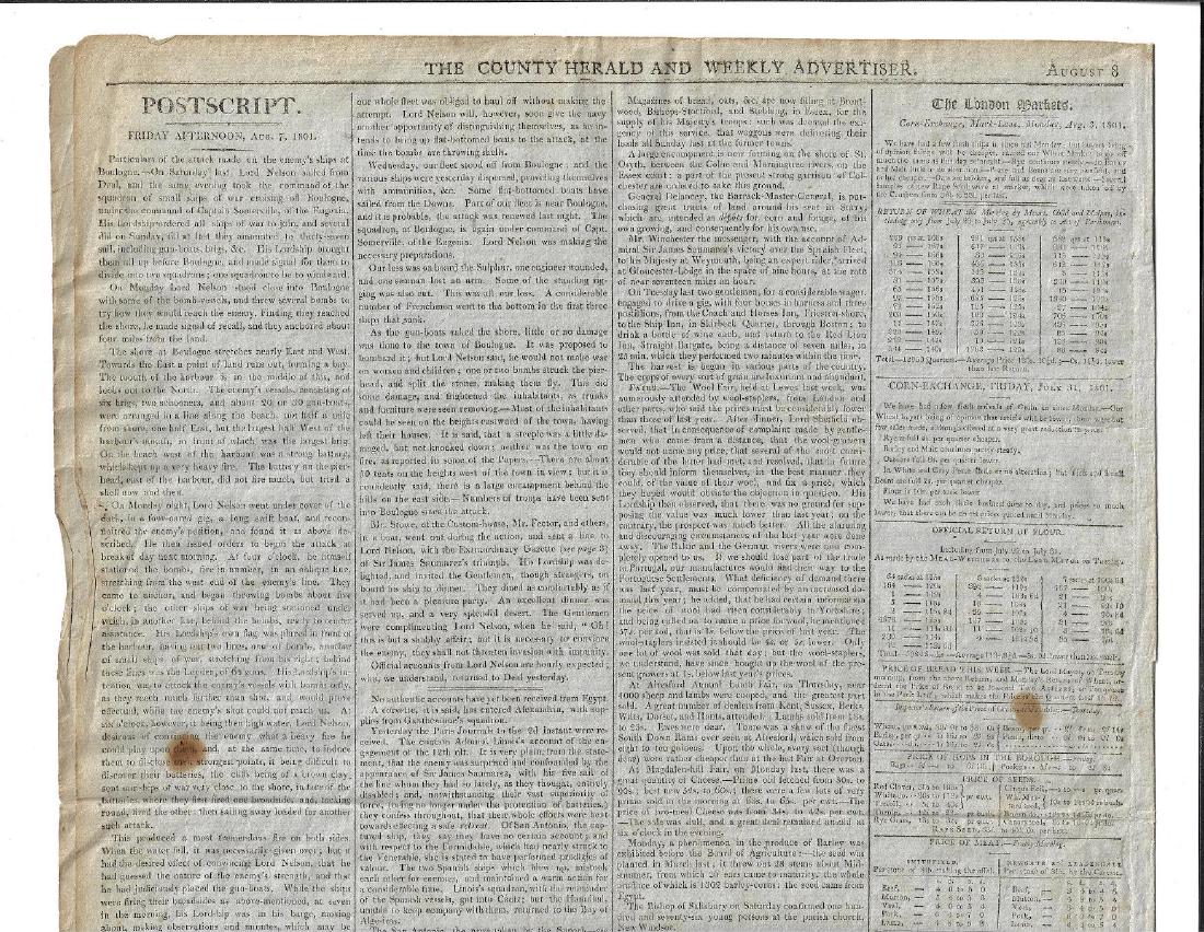 1801 Newpaper Lord Nelson and English Navy: August 8, 1801 issue of The Country Herald and Weekly Advertiser for 100 Miles round London, four pages large folio including much of naval interest including Lord Nelson at Boulogne. Very Good, light