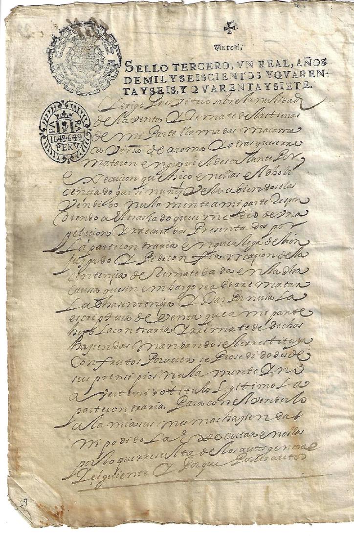 1649 Rare Colonial Peru Stamped Document (1 of 2)