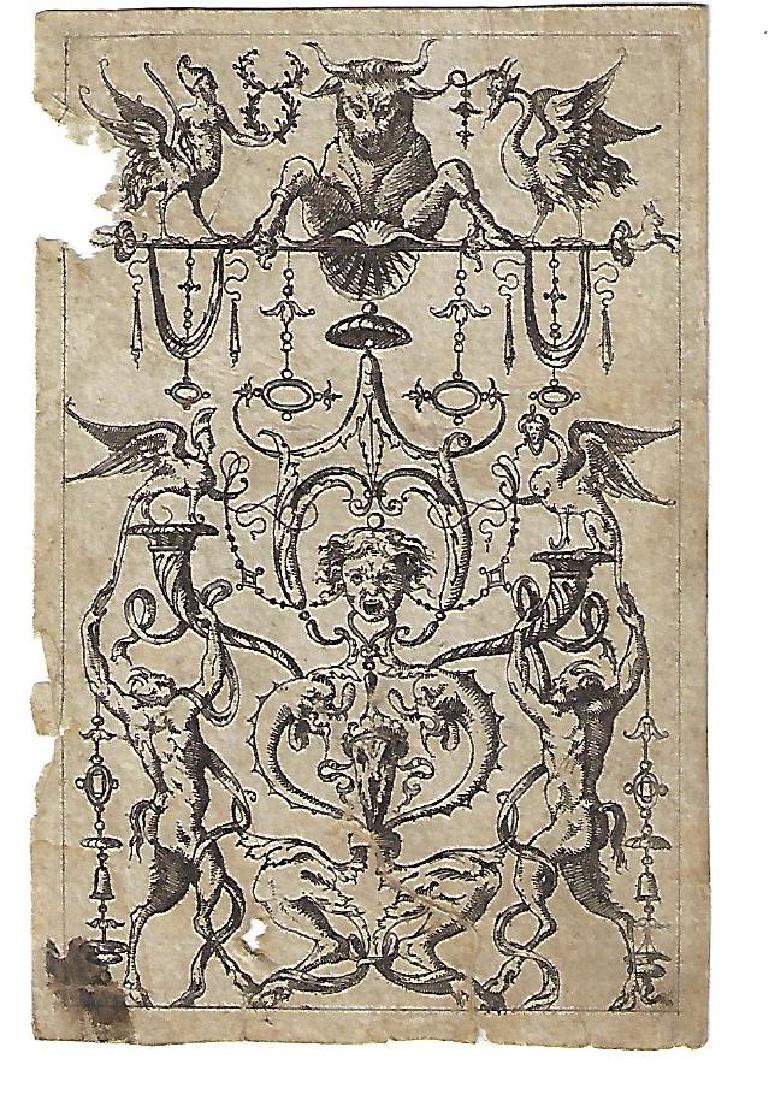 1566 Decorative Engraving Du Cerceau Grotesques: C1566 engraved panel by Jacques Androuet Du Cerceau (1510/12-1585) from his work "Livres de Grotesques". This panel measures 2.75" x 4.25". Very Good with light loss. Reserve: $45.00 Shipping: Domesti