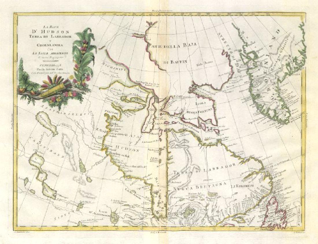 La Baja d'Hudson, Terra di Labrador Hudson Bay &: Reserve Reduced! TITLE/CONTENT OF MAP: 'La Baja d'Hudson Terra di Labrador e Groenlandia con le isole adiacenti di nuova projezione' "Hudson Bay, Labrador or New Britain, Greenland, and the adjacent i
